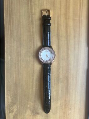 Women's Black Patent Leather Watch with Rhinestone Rose Gold Case - S. Silver